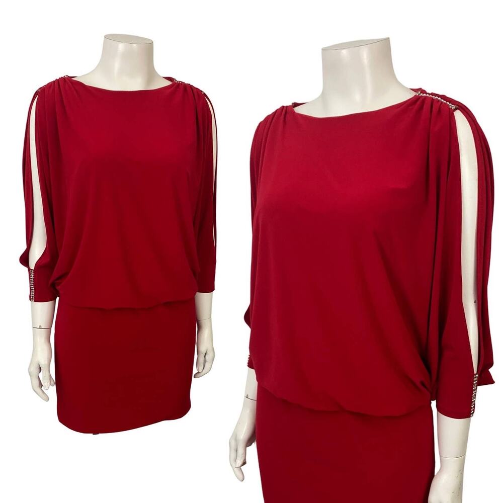 Vintage Red Cache Batwing Sleeve Dress Rhinestone Slit Sleeve Cocktail Small -